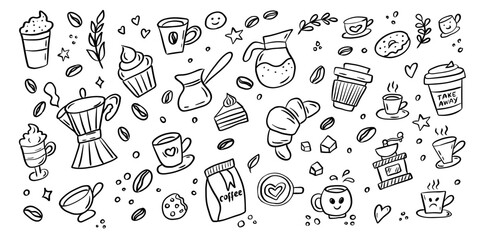 Coffee doodle pattern with mugs beans desserts and cafe elements