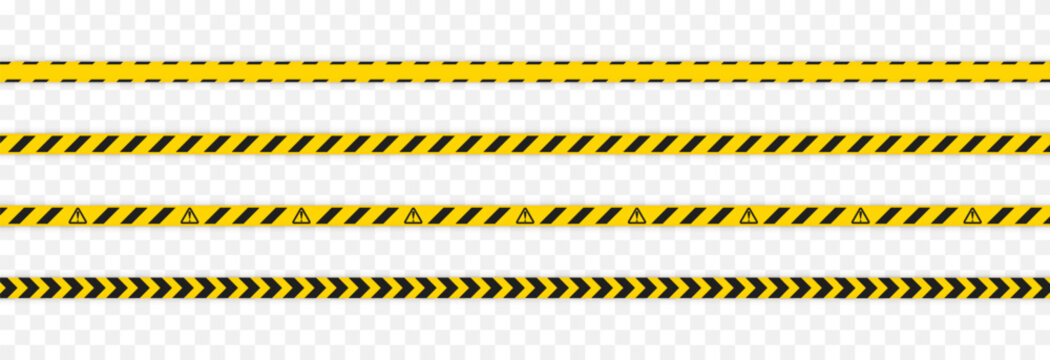 A set of caution yellow tapes with black stripes. Caution tape PNG. Caution barrier tape for marking hazardous areas on a transparent background.