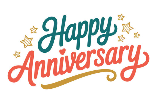 Happy Anniversary text with decorative stars and flourish