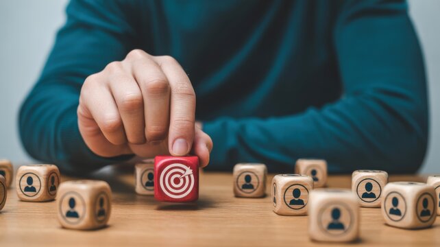 Target Focus: A hand strategically selects a target block amidst a field of character blocks, symbolizing precise goal-setting and strategic alignment. Capturing the essence of focus and precision.