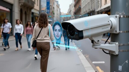 Digital interface of surveillance camera monitoring urban street. Facial recognition technology scanning diverse pedestrians.