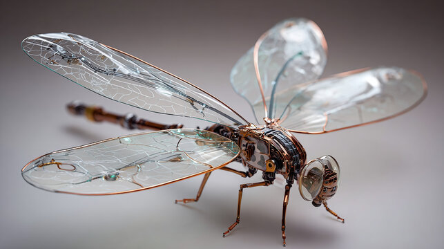 A detailed close-up of a glass dragonfly with translucent wings resting on a surface. The intricate craftsmanship and delicate details of the insect are clearly visible. - Powered by Adobe