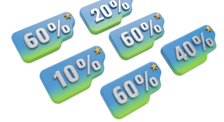 Multiple 3d discount percentage tags advertising isolated on transparent background
