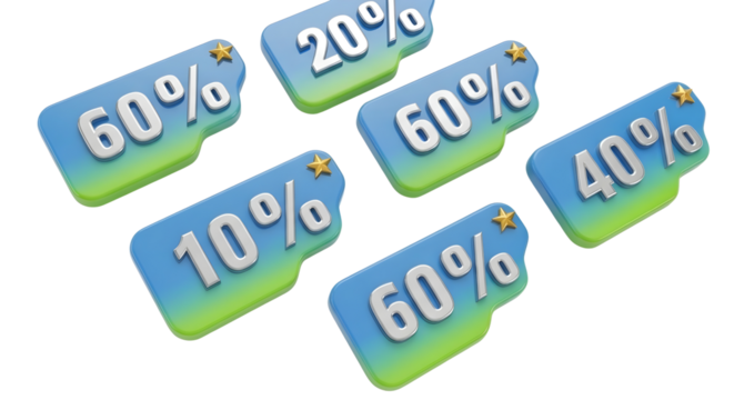 Multiple 3d discount percentage tags advertising isolated on transparent background