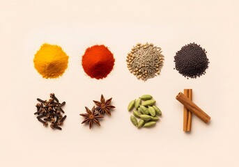 Overhead shot of vibrant spices and herbs including turmeric, paprika, coriander, mustard seeds, cloves, star anise, cardamom, and cinnamon sticks on a beige surface