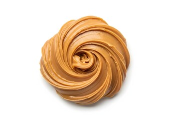 Overhead shot of a swirl of creamy peanut butter isolated on white background, showcasing its smooth texture and rich color, perfect for food photography