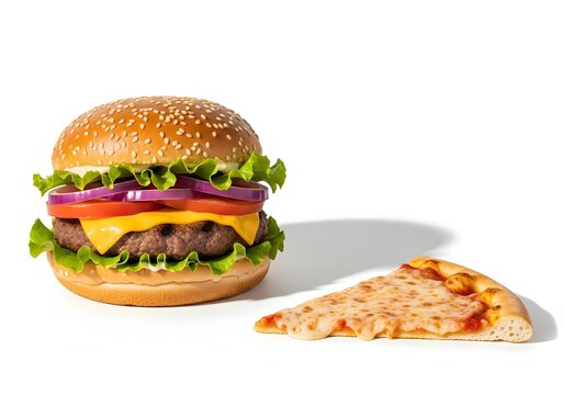 A delicious burger with fresh toppings and a slice of pizza isolated on white background, showcasing a tempting combination of fast food favorites
