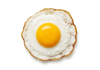 Closeup of a fried egg isolated on white background, showcasing its golden yolk and crispy edges, perfect for breakfast or culinarythemed designs
