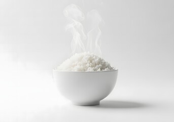 Steaming bowl of white rice isolated on white background, a comforting and simple dish, perfect for a healthy meal or as a side dish