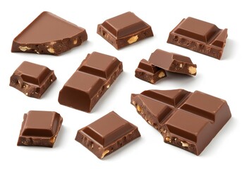 Delicious milk chocolate pieces with nuts isolated on white background, perfect for snacking or dessert, offering a sweet and satisfying treat