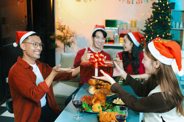 drinks and conversation, social gathering and get together. group and gift exchange at the event,...