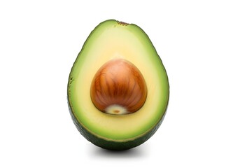 A halved avocado with its pit isolated on white background, showcasing its vibrant green flesh and brown seed, perfect for healthy eating concepts