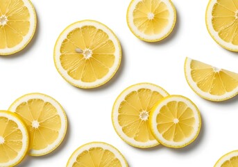 Slices of fresh lemons are scattered on an isolated on white background, creating a vibrant and refreshing pattern, perfect for summerthemed designs