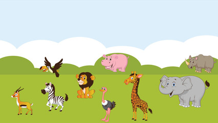 Playful Safari Animals in a Vibrant Cartoon Landscape