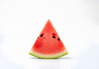 A slice of fresh watermelon isolated on white background, showcasing its vibrant red flesh, black seeds, and green rind, perfect for a refreshing summer treat