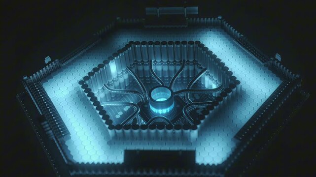 Extreme macro hologram-style view of a micro reactor core, with a glowing cyan hexagonal fuel lattice and tiny coolant channels, soft heat shimmer, gentle pulsating light, and a slow immersive push-in