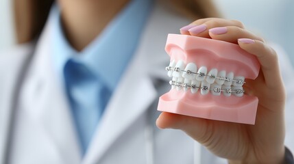 Dental braces model showcased during professional demonstration in clinic