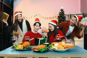 drinks and conversation, social gathering and get together. group and gift exchange at the event,...