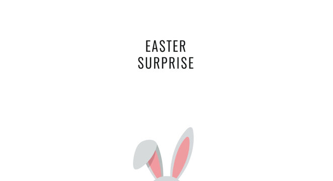 Cute easter bunny ears peeking out with the words easter surprise on a white background
