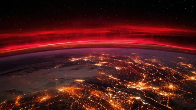 Earth at night from space, glowing city lights across continents with a red aurora glow along the horizon.