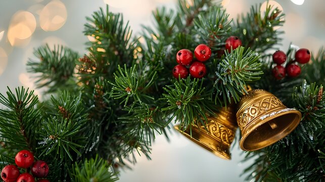 Close up of a festive christmas wreath with bells and berries