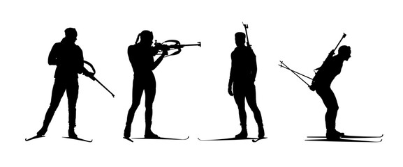 Obraz premium Set of biathletes silhouettes in different poses vector illustration