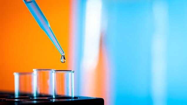 Blue liquid drips into a test tube as laboratory tools, glassware, and sterile equipment support scientific research, biotechnology testing, medical analysis, pharmaceutical experiments.