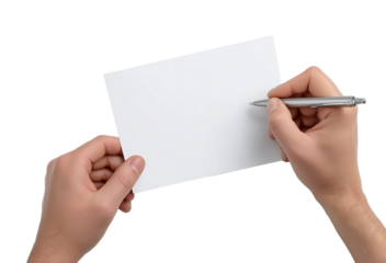 Hands holding blank paper and pen isolated on a transparent background 