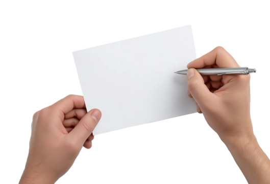 Hands holding blank paper and pen isolated on a transparent background 