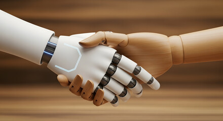 AIロボットと握手し協力するデッサン人形の未来ビジネス