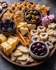 Fototapeta premium Cozy Holiday Charcuterie Board with Cookies, Cheese, Olives and Festive Snacks