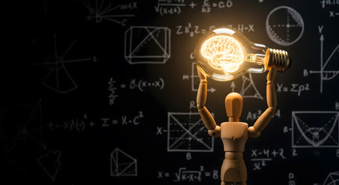 電球を掲げてアイデアとひらめきを表現するデッサン人形