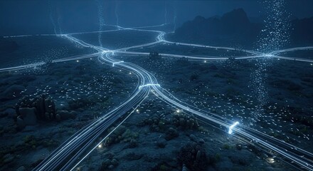 Aerial view of a futuristic city with glowing roads and interconnected networks at night, symbolizing advanced technology and urban development.