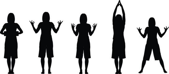 Expressive gesture silhouette set, raised arm poses, black on white, body language icon, dance or yoga posture, movement sequence ©  BAKKOR