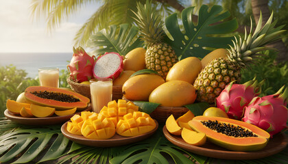 Tropical fruits such as mango, pineapple, dragon fruit, and papaya displayed in a bright sunny setting, lush green leaves, warm golden lighting, vivid colors, refreshing tropical vibe