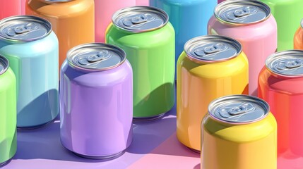 A row of colorful cans of soda are lined up on a table. The cans are of different colors, including purple, green, and yellow. Concept of fun and playfulness