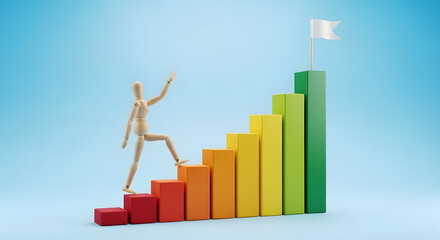 グラフの階段を登り業績アップを目指すデッサン人形