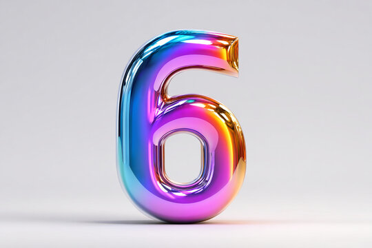 Glossy holographic number six 6 isolated on grey background - Powered by Adobe