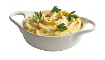 Creamy mashed potatoes in a white serving dish garnished with parsley and pepper isolated on a transparent background