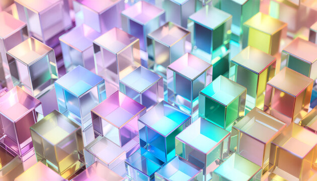 Transparent glass-like cubes in a pastel neon grid, reflecting and refracting light in pink, blue, green and yellow; varied heights create luminous depth and abstract geometric texture.