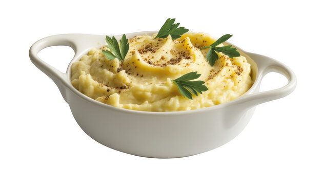 Creamy mashed potatoes in a white serving dish garnished with parsley and pepper isolated on a transparent background