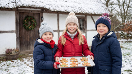 Happy siblings standing with gingerbread man cookies outside house