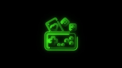 Neon green glowing icons of a game controller playing cards and dice on black background digital art concept for - Powered by Adobe