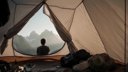 Man camping in a tent with a view of mountains at sunrise.