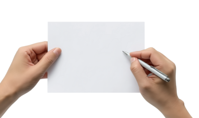 Hands holding blank paper and pen isolated on a transparent background