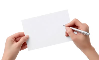 Hands holding blank paper and pen isolated on a transparent background 2