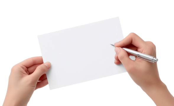 Hands holding blank paper and pen isolated on a transparent background 2
