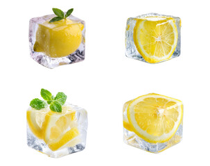 fresh lemon ice cubes collection isolated.