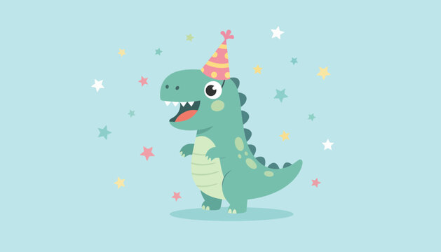 Cute green dinosaur wearing a party hat and surrounded by colorful stars, celebrating on a light blue background, perfect for a birthday invitation or greeting card