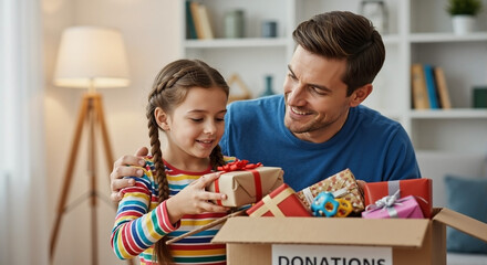 Father and Daughter Donating Gifts Together at Home for Charity Initiatives, Family Bonding Activities, Social Responsibility Blogs, and Community Awareness Campaigns